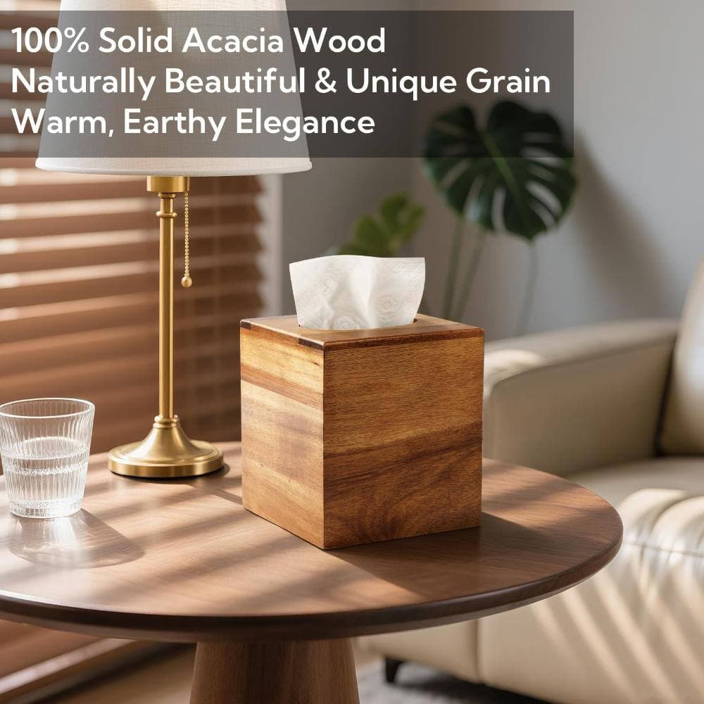 Unbranded 2 Pack Acacia Wood Tissue Box Covers, Square, For Tabletop, Modern Farmhouse Retro Finish, Natural Tone (2)