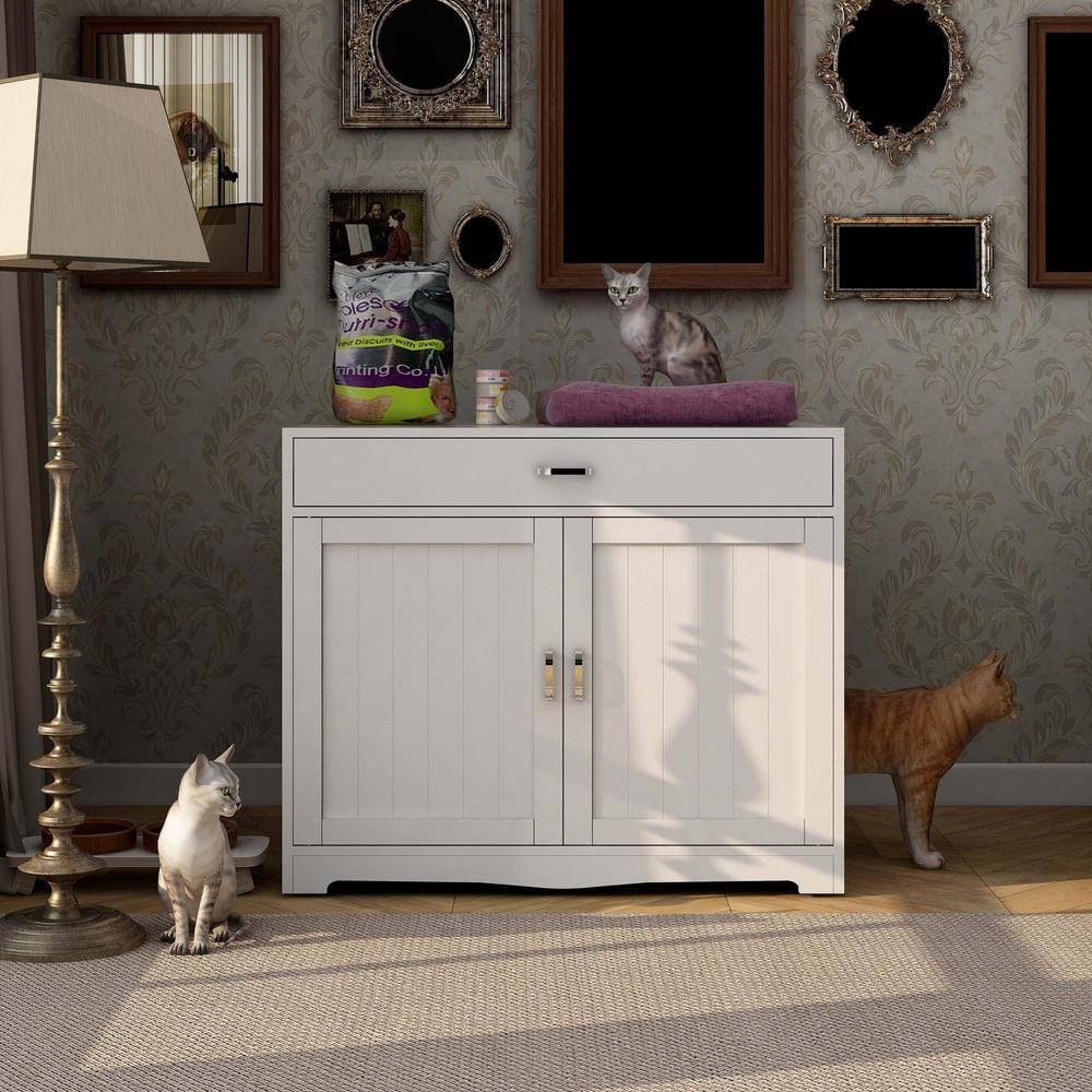 Unbranded 31.5 in. W x 20 in. D x 26 in. H White Linen Cabinet Cat Litter Box with Drawer and Cat Washroom Storage for Bathroom (3)