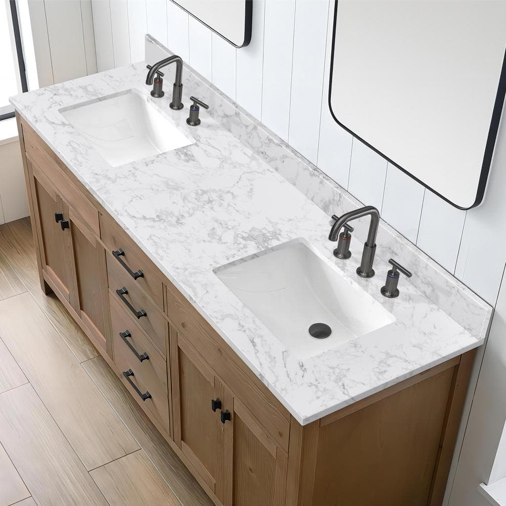 YASINU Moonface 72 in. W 22 in. D Engineered Stone Composite White Rectangular Double Sinks Bath Vanity Top Bianco Venato (2)