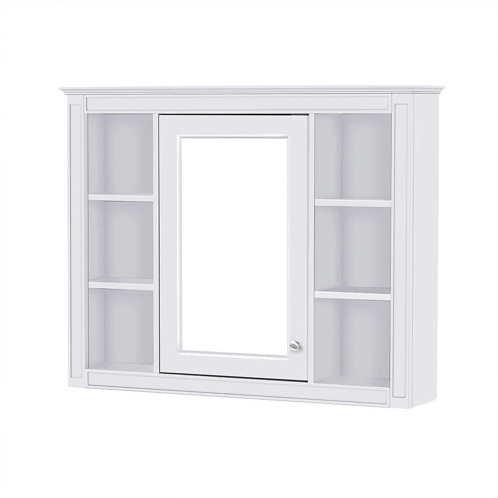 Adrinfly 35 in. W x 7.10 in. D x 27.5 in. H Bathroom Storage Wall Cabinet in White with Mirror,-Door and 6 Open Shelves (3)