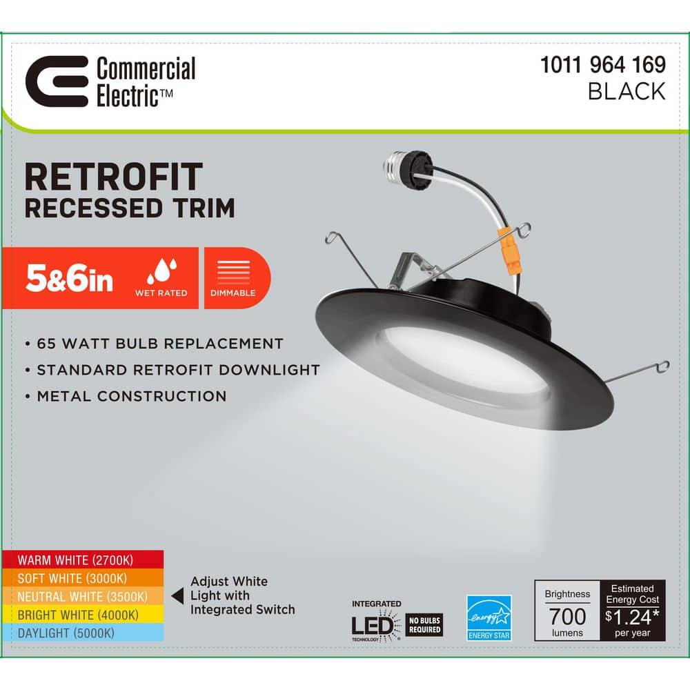 Commercial Electric 1-pack 5/6 in. Integrated LED Black Recessed Retrofit Light Trim with Selectable Color Temperature T20 (4)