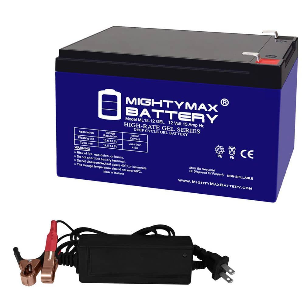 Mighty Max Battery ML15-12 GEL - 12 Volt 15 AH, GEL Type, F2 Terminal, Rechargeable SLA AGM Battery + 12V 2AMP Charger (1)