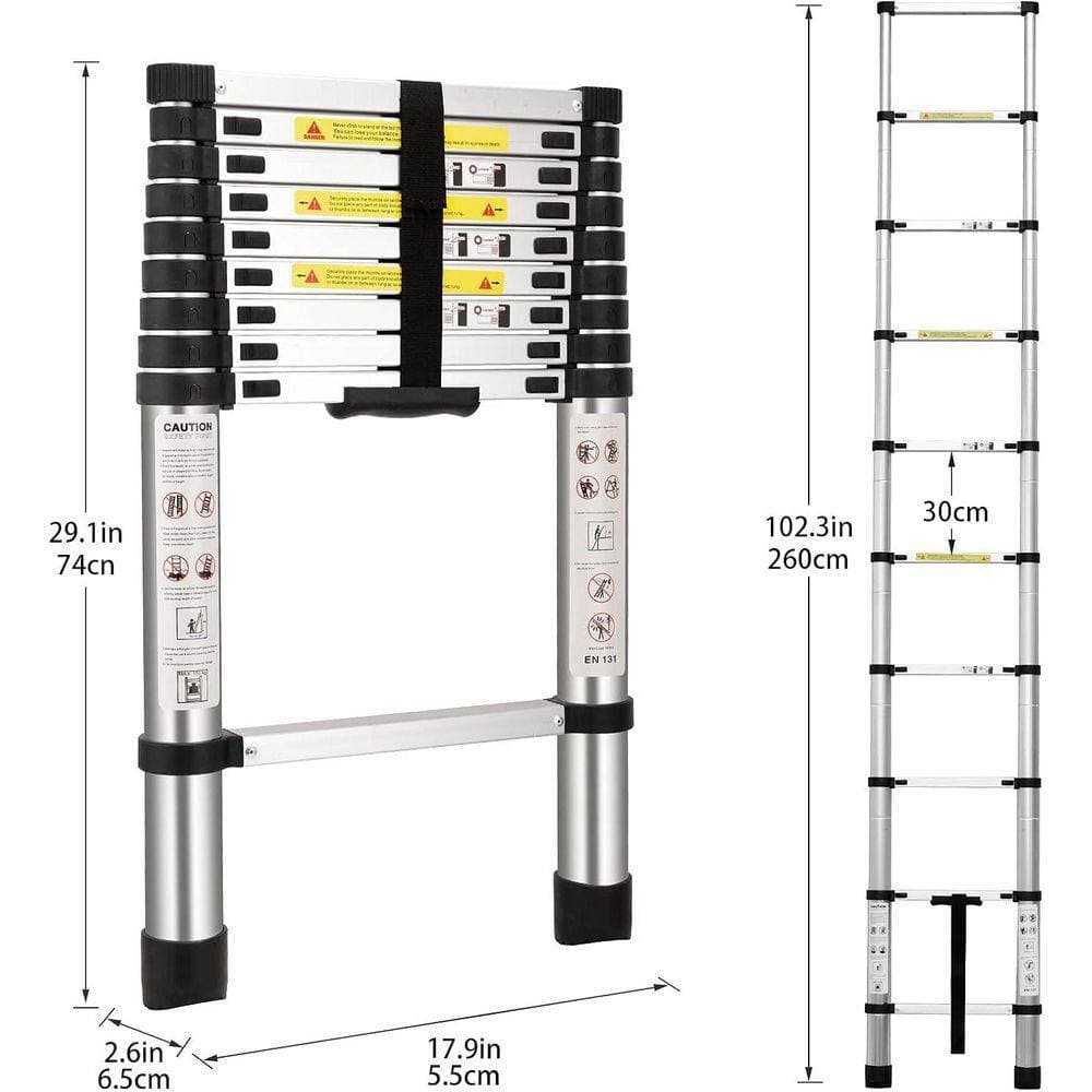 KIWDZFU 8.5ft Aluminum Telescoping Ladder with Anti-Slip Rubber and Stabilizer Bar (2)