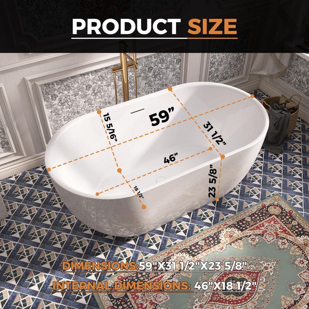 Keayeng 59 in. x 31.5 in. Acrylic Freestanding Flatbottom Soaking Bathtub in White (2)