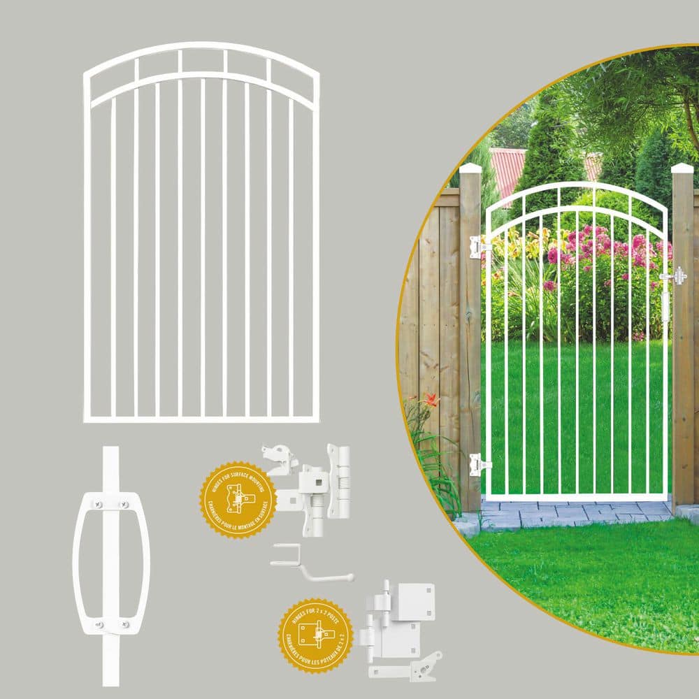 NUVO IRON Glossy White Arched Benitoite Steel Gate (45 in. W x 68 in. H) with Self-Close Hardware, Double-Sided Handle, 2x2 Hinges (3)