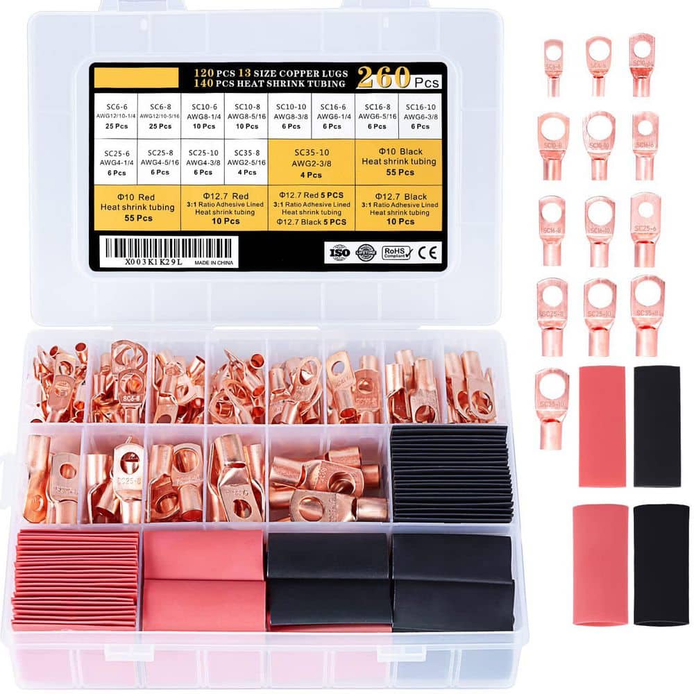 Unbranded 120Pcs Copper Ring Terminals AWG 2 4 6 8 10/12 with 140Pcs Heat Shrink Tubing Kit for Electrical Wiring
