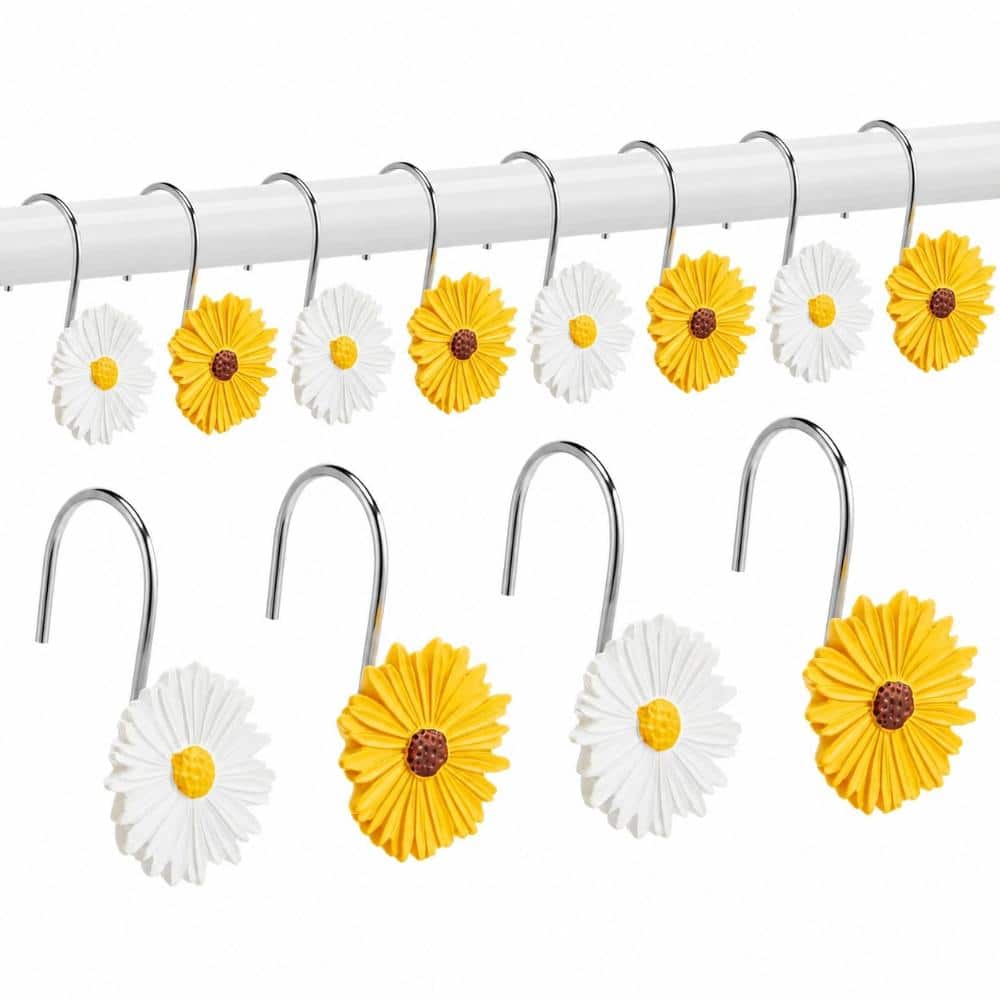 Unbranded Set of 12 Daisy Flower Shower Curtain Hooks in Two Floral Styles for Seasonal Bathroom and Room Decor (1)