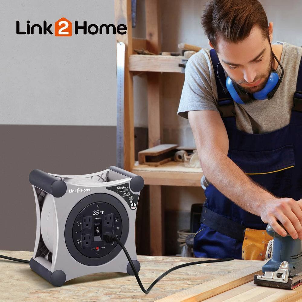 Link2Home 35 ft. 14/3 Extension Cord Storage Reel with 4 Grounded Outlets and Surge Protector (3)