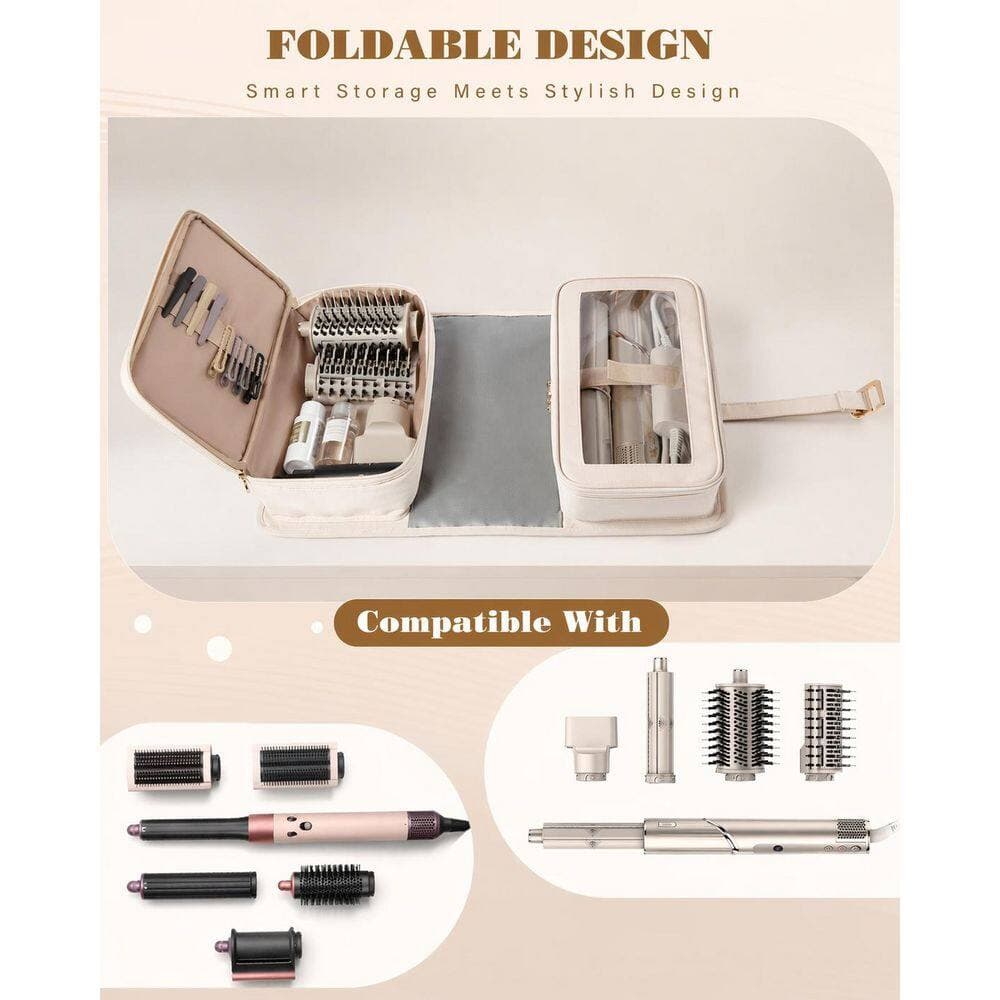 Anqtovp Foldable Hair Tool Organizer Travel Bag with Heat Resistant Mat, Water-Repellent, Beige (2)