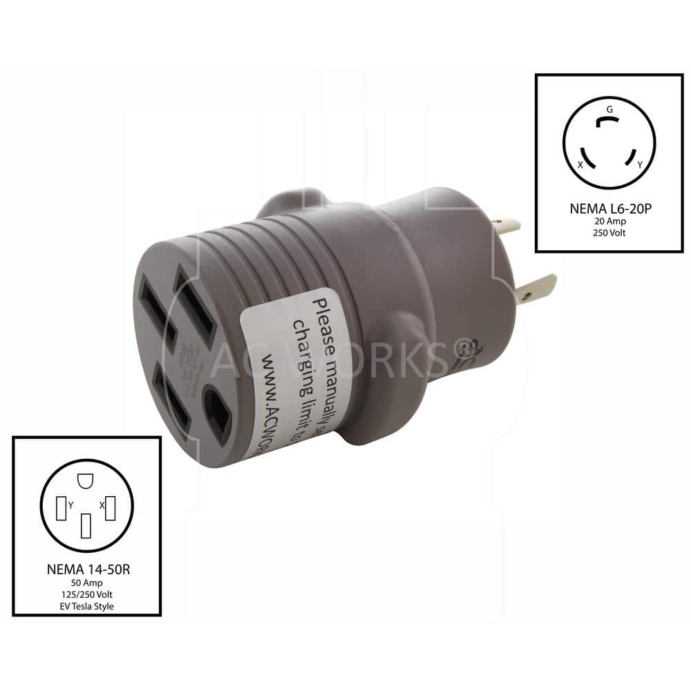 AC WORKS Electric Vehicle Charging Adapter for Tesla Use (20 Amp 250-Volt L6-20 Locking Plug to Tesla) (2)