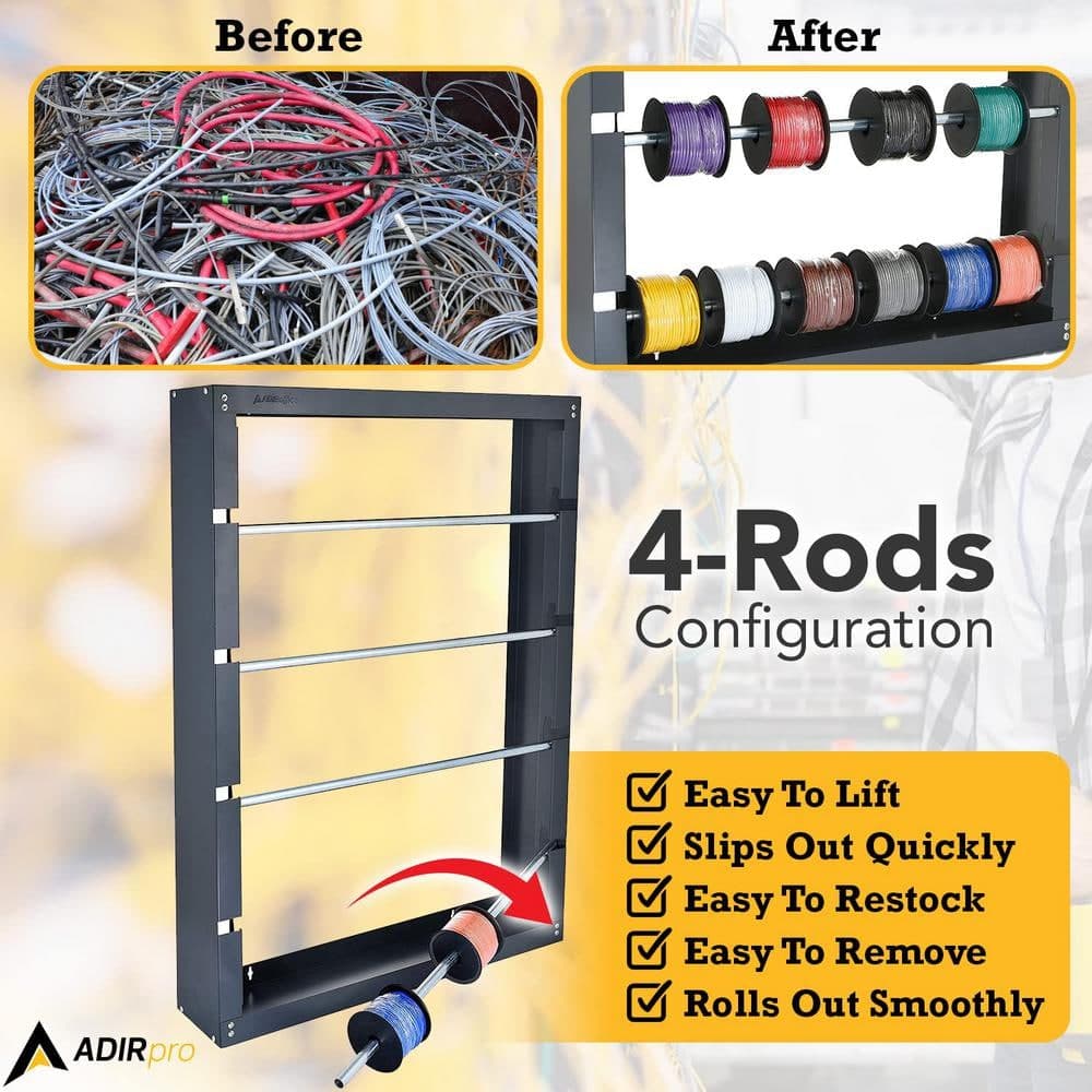 AdirPro Grey Steel 4-Rod Electrical Wire Spool Rack Dispenser, Conduit Display, Cable Caddy (3)