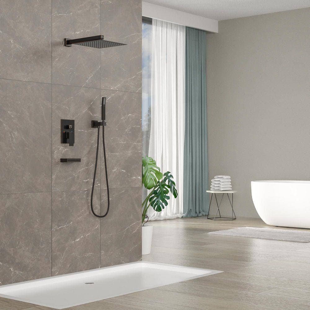Logmey Single Handle 3-Spray Shower Faucet 1.8 GPM with Tub Filler, Pressure Balance, Anti Scald in Oil Rubbed Bronze (2)
