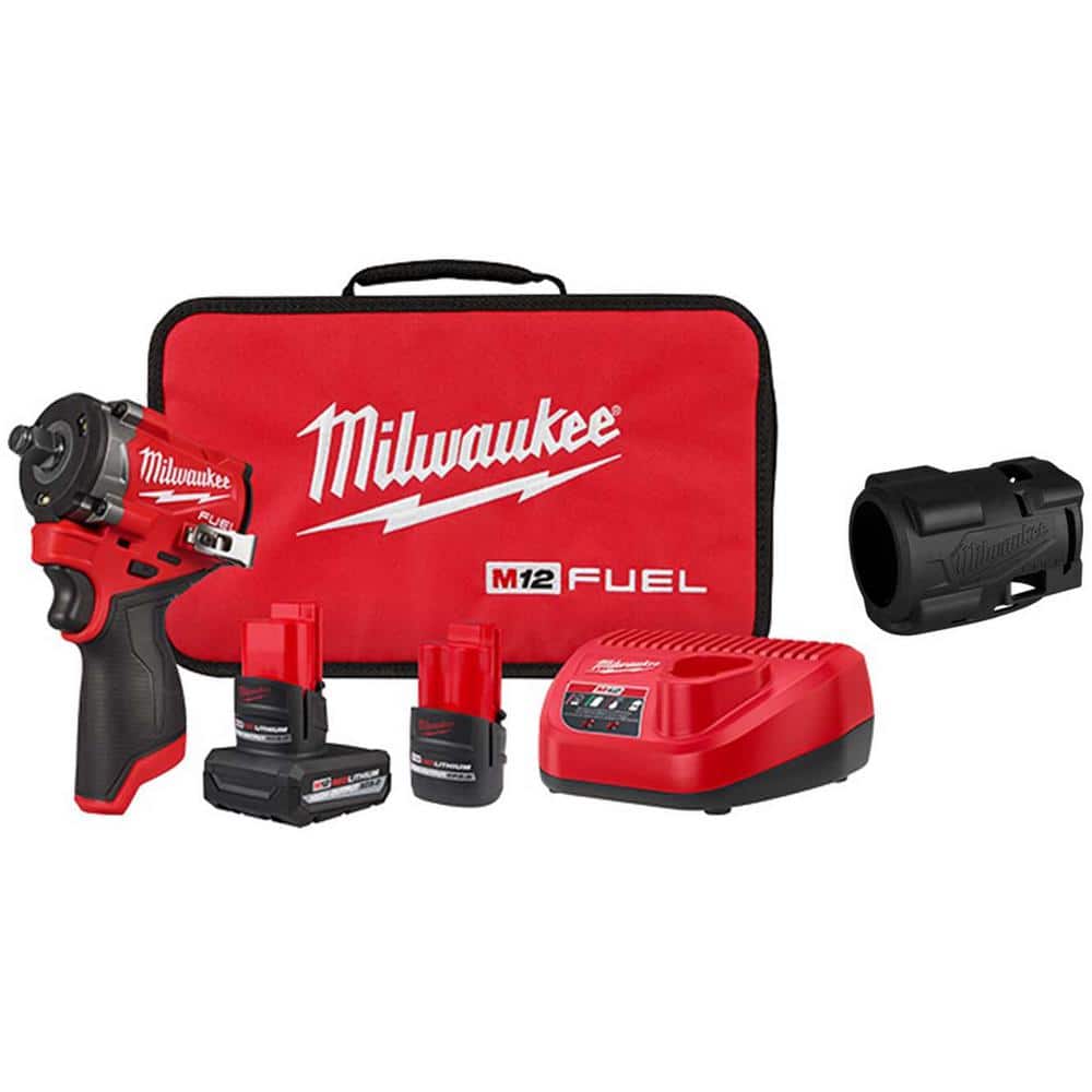 Milwaukee M12 FUEL 12V Li-Ion Brushless Cordless Stubby 1/2 in. Impact Wrench Kit w/(2) High Output Batteries & Boot (1)