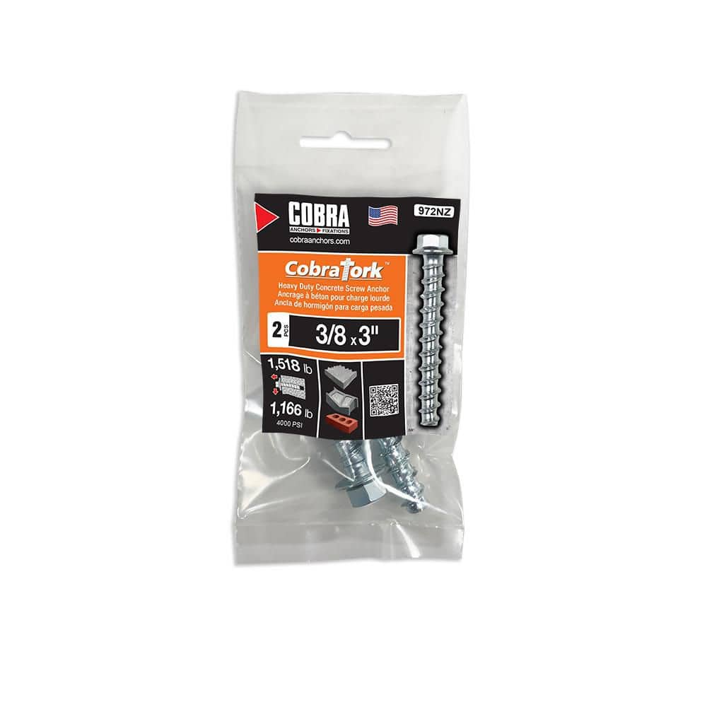 Cobra Anchors CobraTork 3/8 in. x 3 in. Zinc Plated Concrete Screw Anchors (2-Pack) (1)