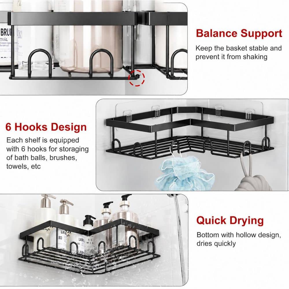 Anqtovp Adhesive Mount Rustproof Stainless Steel L-Shape Shower Caddy with Toothbrush Holder Soap Dish in Black 5 Pack (3)