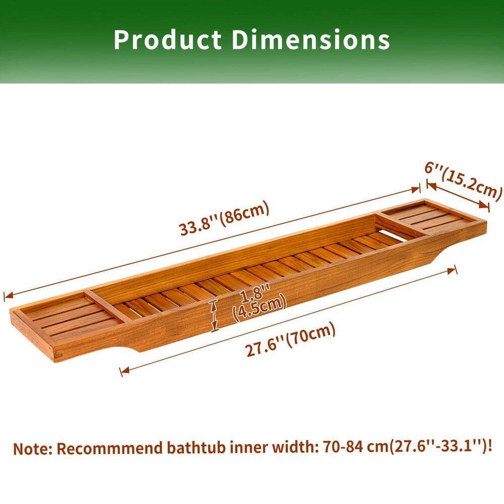 KHKFY Teak Wood Bathtub Tray Wooden Bath Caddy for Tubs up to 33 Inches Wide Natural Slat Design 33.8 Inches (3)