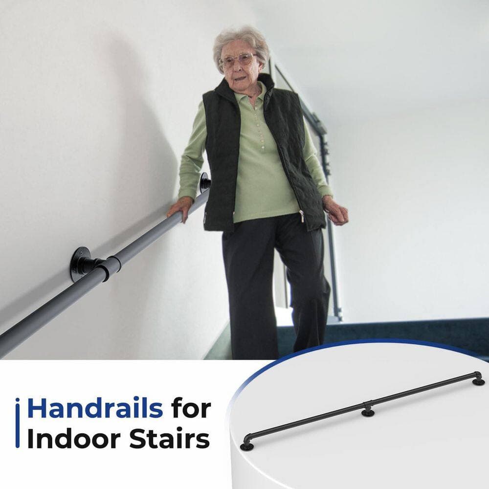 Unbranded 6 ft. Black Iron Handrail Matte Non-Slip Indoor Safety Stair Railing Wall Mount Industrial Pipe for Steps (3)