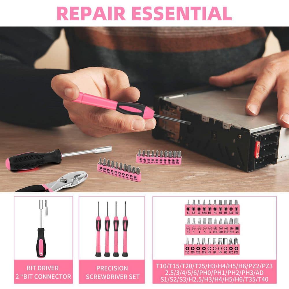 Laybus 144-Piece Pink Tool Kit, Basic Home Repair Tool Set, Household Hand Tool Kit, Small Tool Kit with Plastic Toolbox (3)