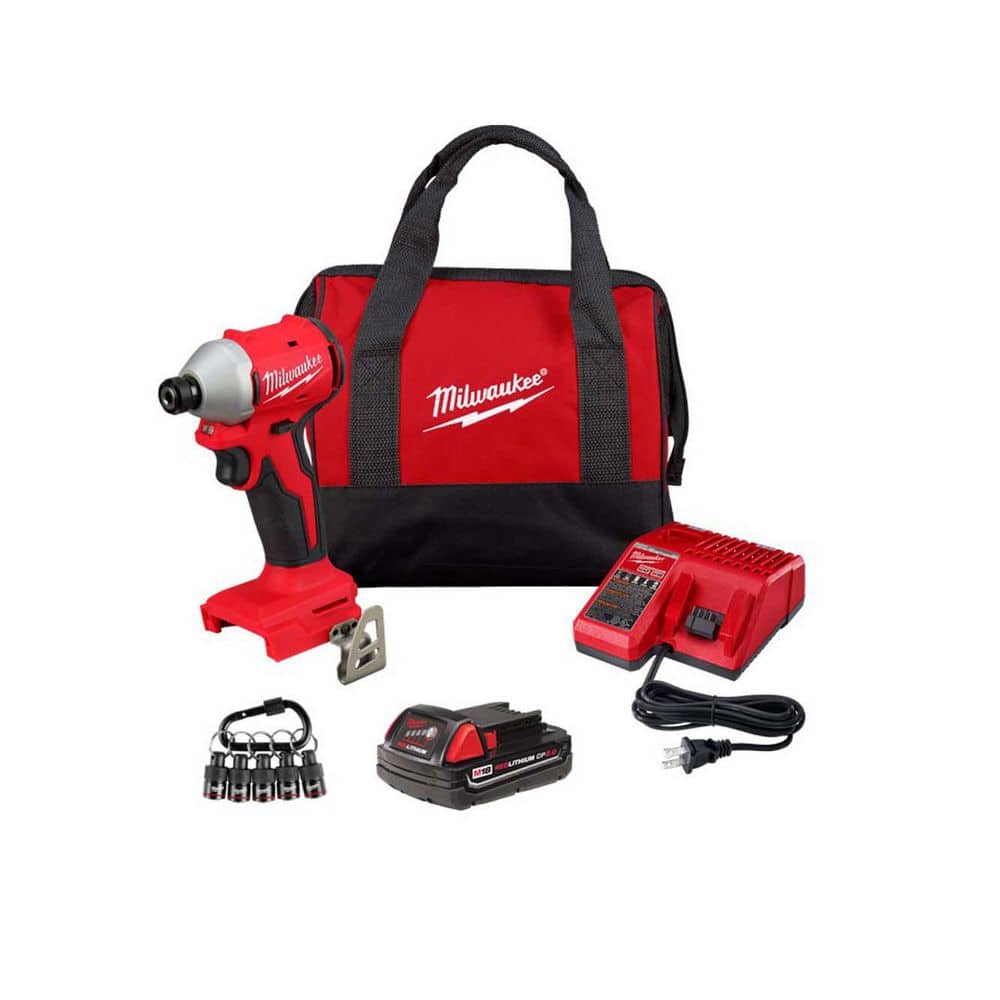 Milwaukee M18 18V Compact Brushless 1/4 in. Impact Driver Kit 2.0Ah Battery, Charger, Bag with SHOCKWAVE 75-Pc