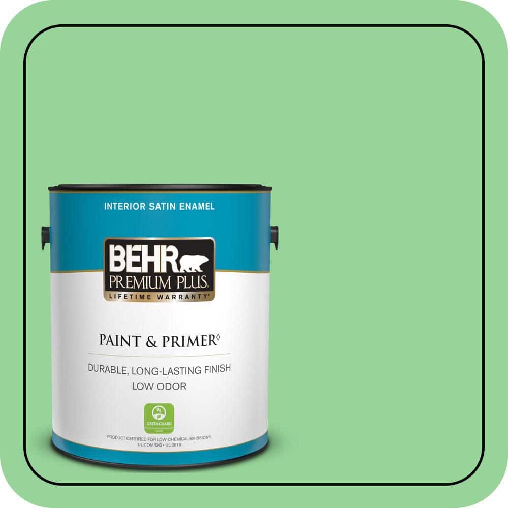 BEHR PREMIUM PLUS 1 gal. #P390-4 Young Green Satin Enamel Low Odor Interior Paint & Primer