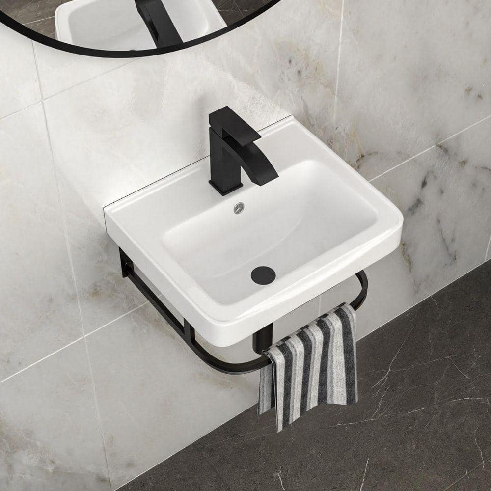 Miscool Avex 17 in. Wall Mounted Bathroom Sink in White with Black Towel Bar and Black Faucet (2)