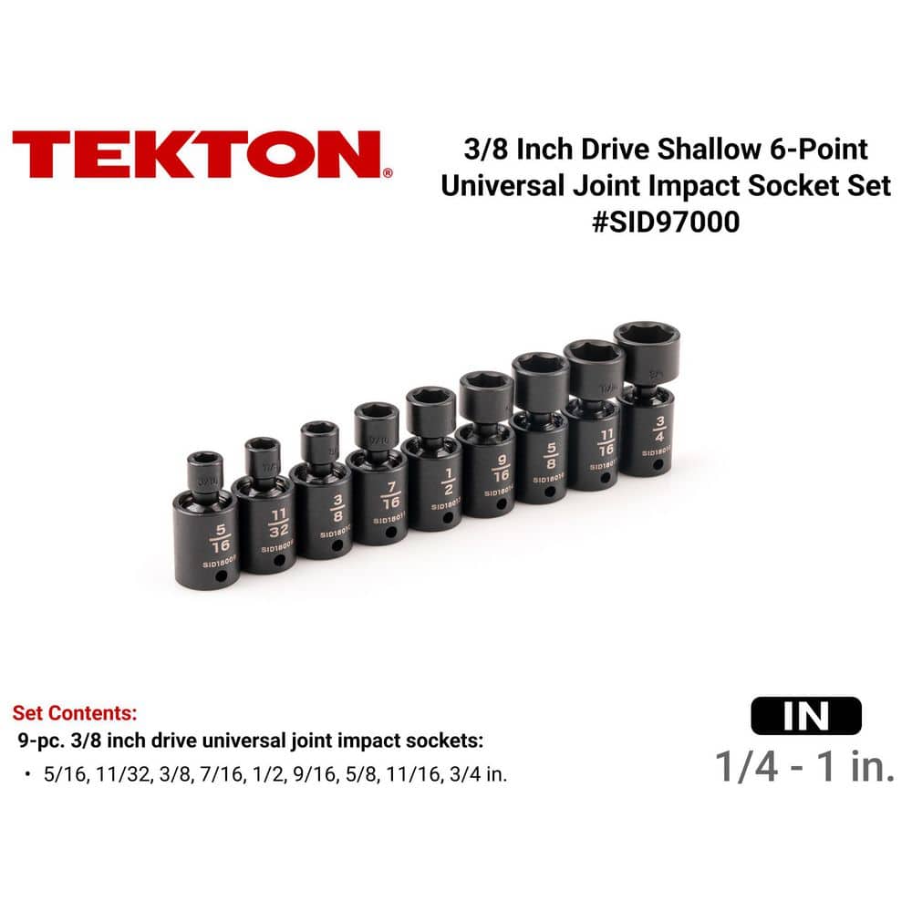 TEKTON 3/8 in. Drive 6-Point Universal Joint Impact Socket Set, 9-Piece (5/16-3/4 in.) (2)
