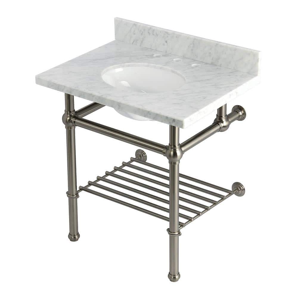 Kingston Brass Templeton 30 in. Marble Console Sink with Brass Legs in Carrara Marble Brushed Nickel
