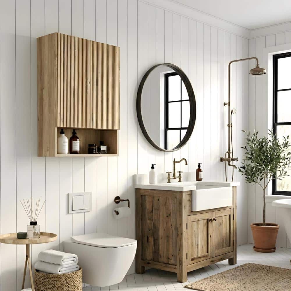 Zuvandra 23.64"W x 11.82"D x 31.52"H Eco-Friendly Wooden Bathroom Wall Cabinet with Doors and  Shelves, Oak (3)