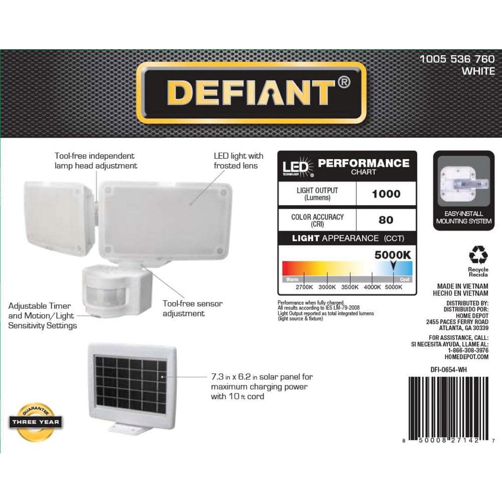 Defiant 180°  White Motion Sensor Solar Powered Outdoor 2-Head LED Security Flood Light 1000 Lumens (4)