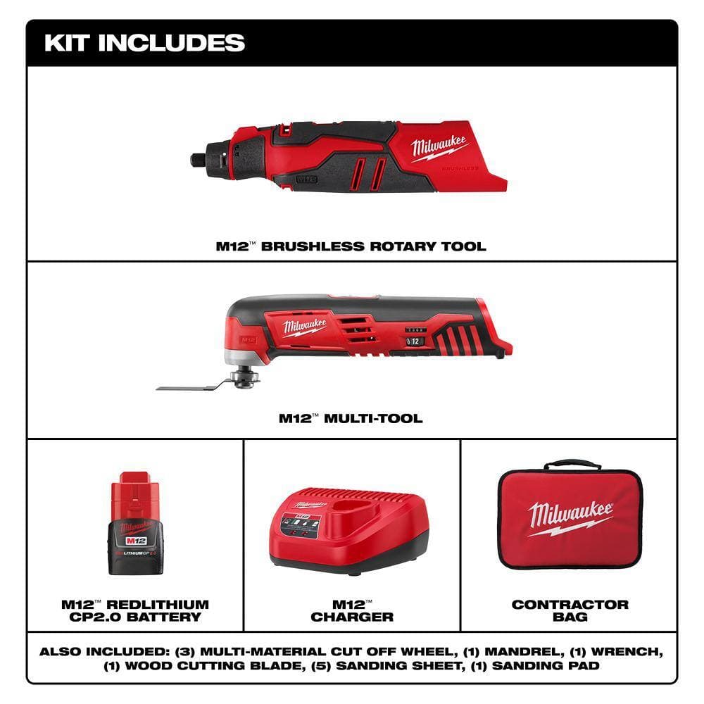Milwaukee M12 12V Lithium-Ion Cordless Brushless Rotary Tool Kit with M12 12V Lithium-Ion Cordless Oscillating Multi-Tool (2)