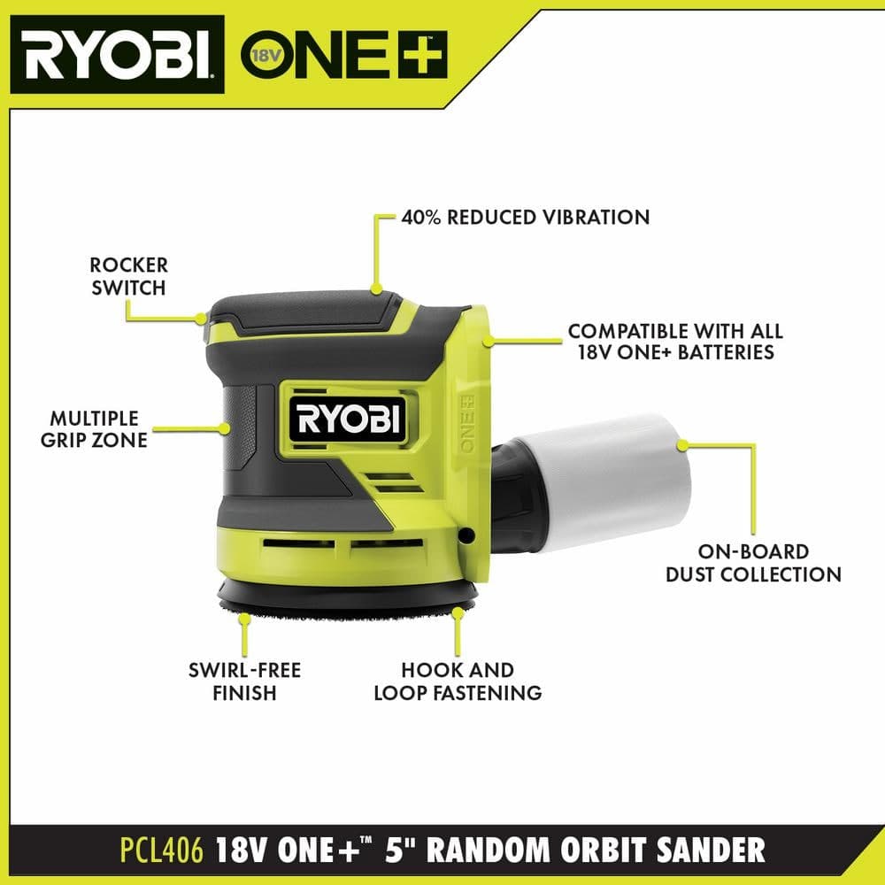RYOBI ONE+ 18V Cordless 5 in. Random Orbit Sander with ONE+ 18V 2.0 Ah Lithium-Ion Battery (3)