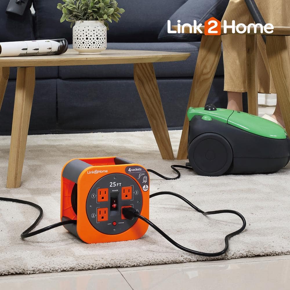 Link2Home 25 ft. 16/3 Extension Cord Storage Reel with 4 Grounded Outlets and Overload Reset Button (3)