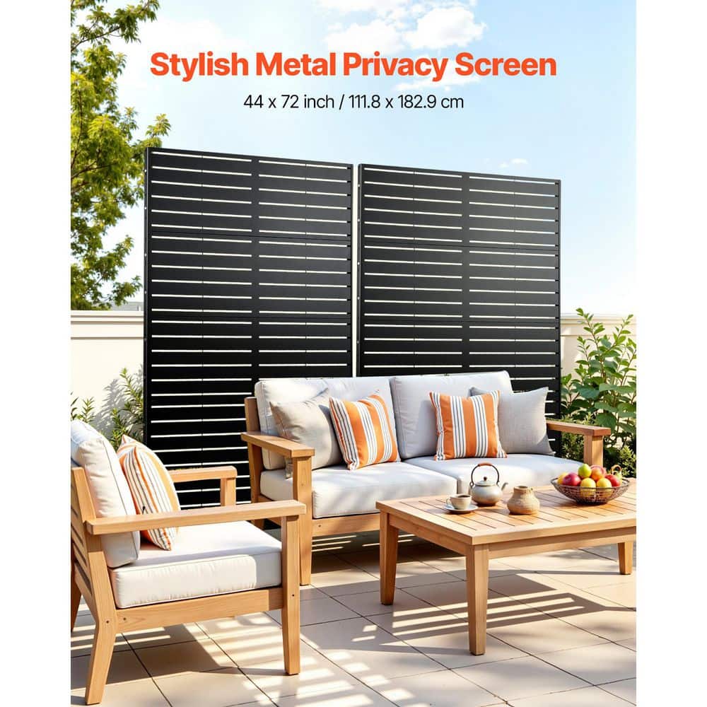VEVOR Metal Privacy Screen, 44 in. x 72 in. Black Galvanized Steel Garden Divider Panel with Base and Reinforcement Fixed (2)