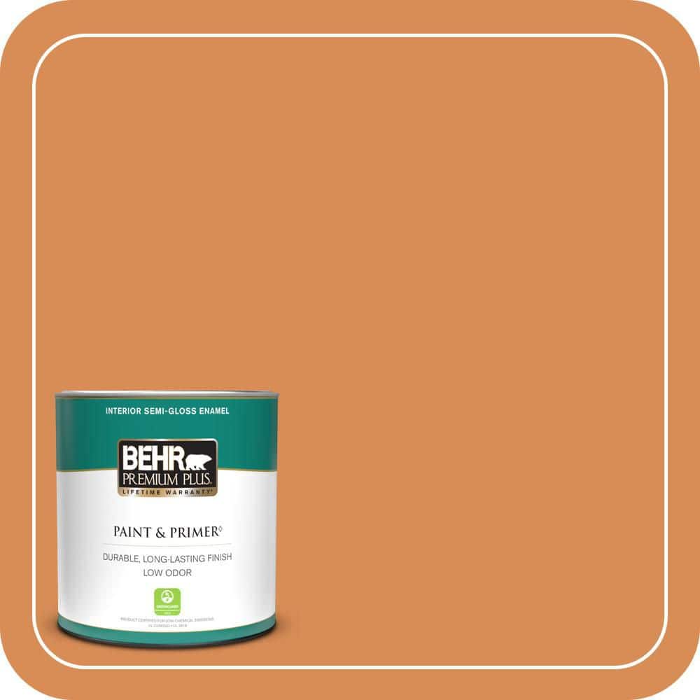 BEHR PREMIUM PLUS 1 qt. #PMD-80 Spiced Pumpkin Semi-Gloss Enamel Low Odor Interior Paint & Primer