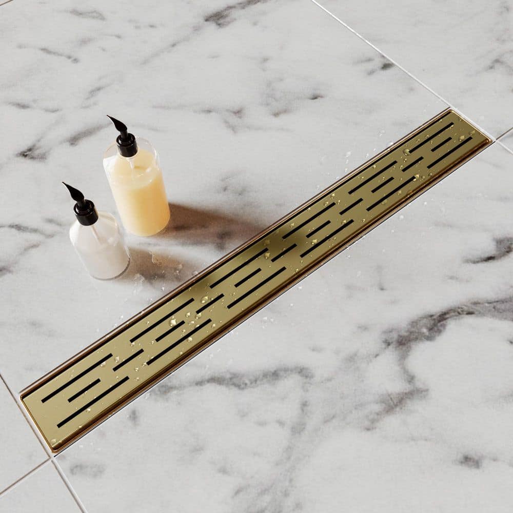 HOMEMYSTIQUE 28 in. Linear Shower Drain, Brick Pattern 304 Stainless Steel Floor Drain w/Hair Strainer in Brushed Nickel (2)