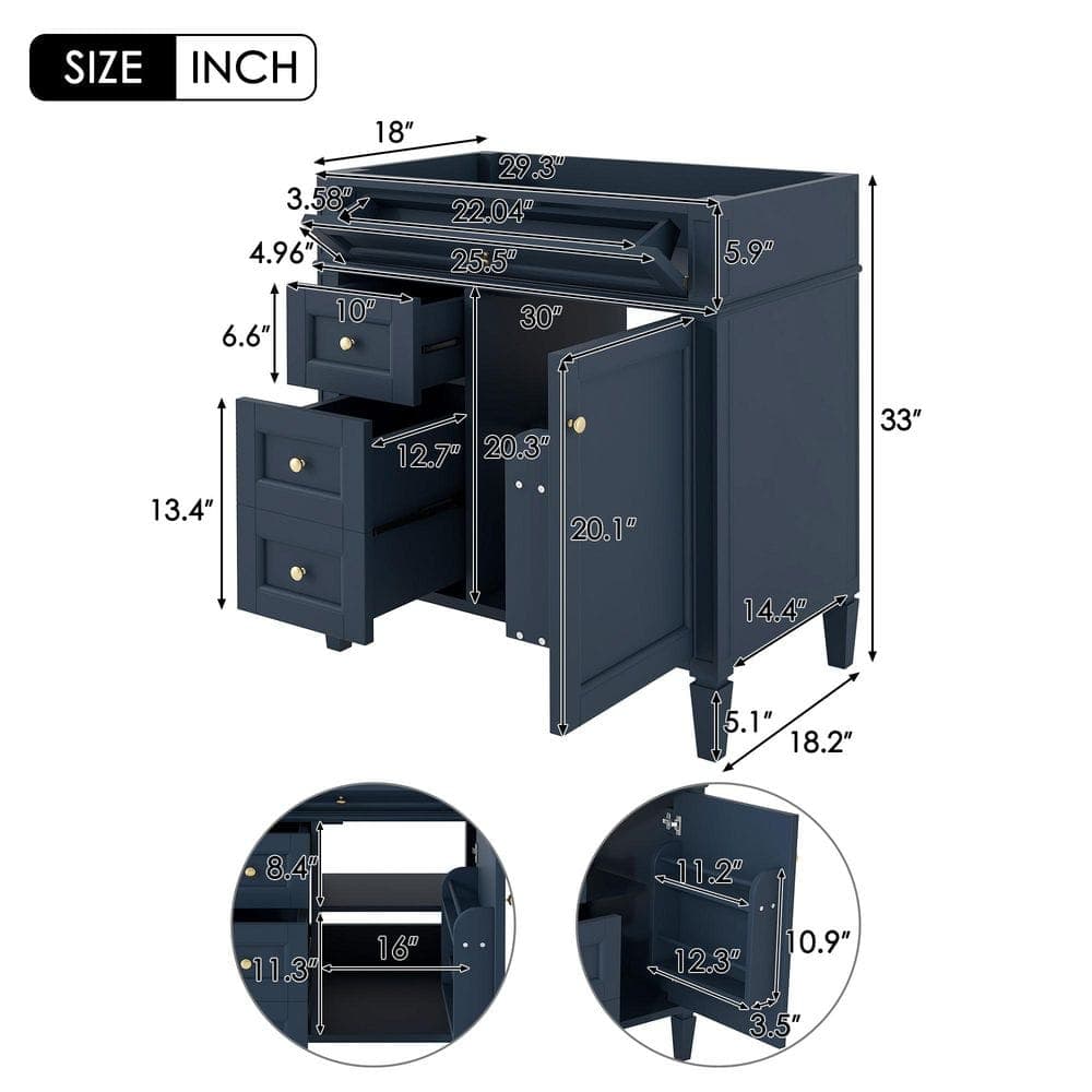 Buruis 29.3 in. Bath Vanity Cabinet without Top in Blue with 2 Drawers and a Tip-out Drawer, Basin Not Included (2)