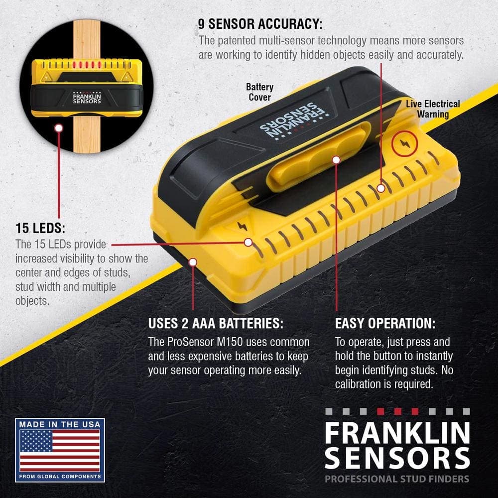 Franklin Sensors ProSensor M150 Full Width Center and Edge Stud Finder with 9-Sensors and Live Wire Warning/Wood and Metal Stud Detector (2)