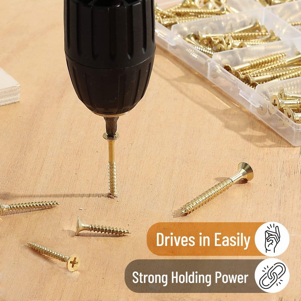 NVNOO 6-Sizes 152-Piece Phillips Tips Wood Screws Assortment Kit, Gold (2 in., 1-1/2 in., 1-1/4 in., 1 in., 3/4 in., 1/2 in.) (3)