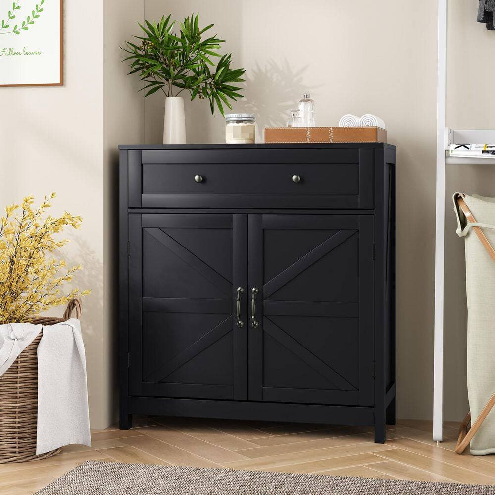 YSQCAR 30 in. W x 12 in. D x 32.5 in. H Black MDF Freestanding Linen Cabinet with Door (2)