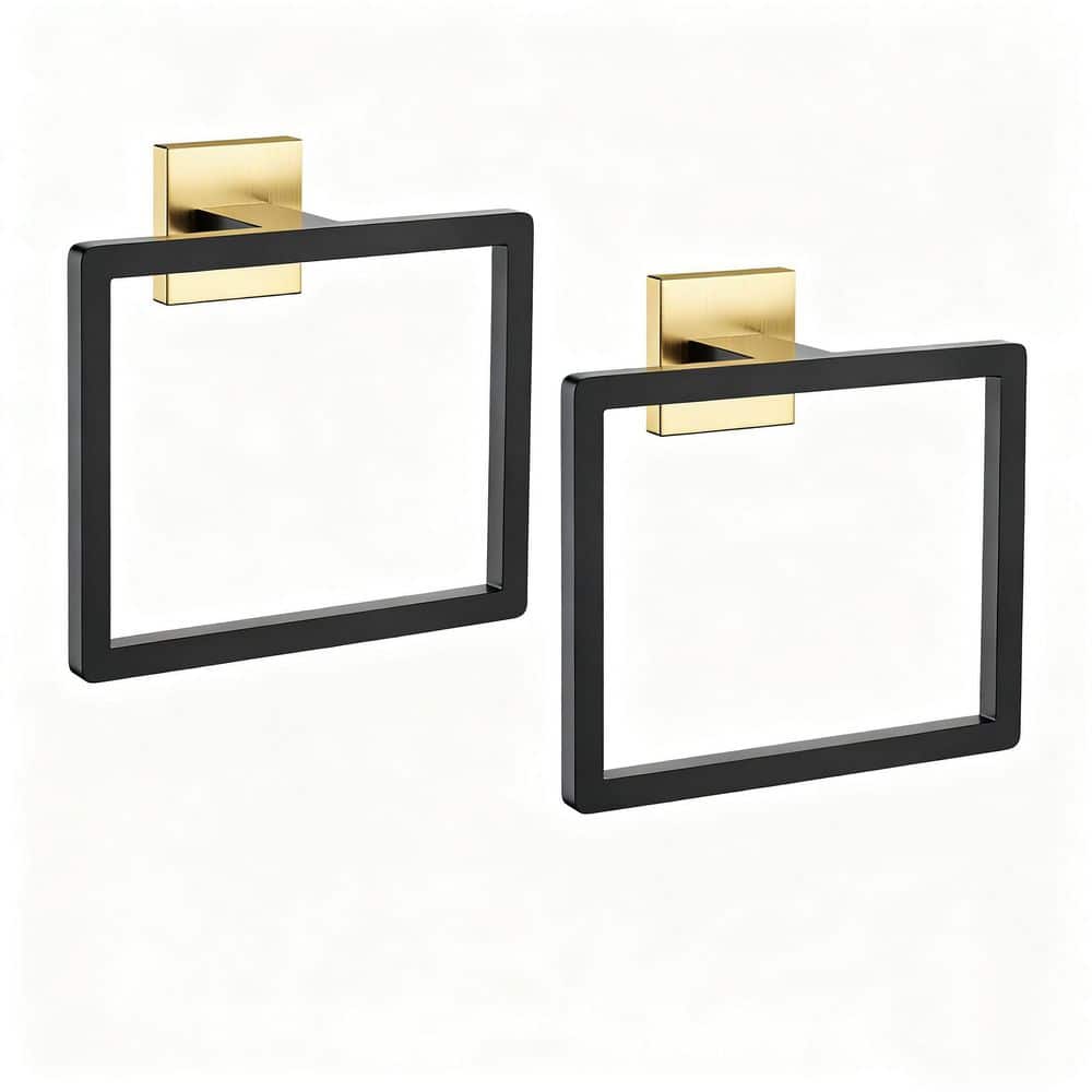 Wudkey 2 Pack Stainless Steel Wall Mounted Square Towel Ring for Bathroom in Black Gold (1)