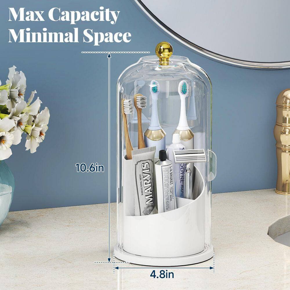 Wudkey Freestanding Covered Toothbrush Holder with 180° Dustproof Sliding Lid and 360° Smooth Rotating Base in White (2)