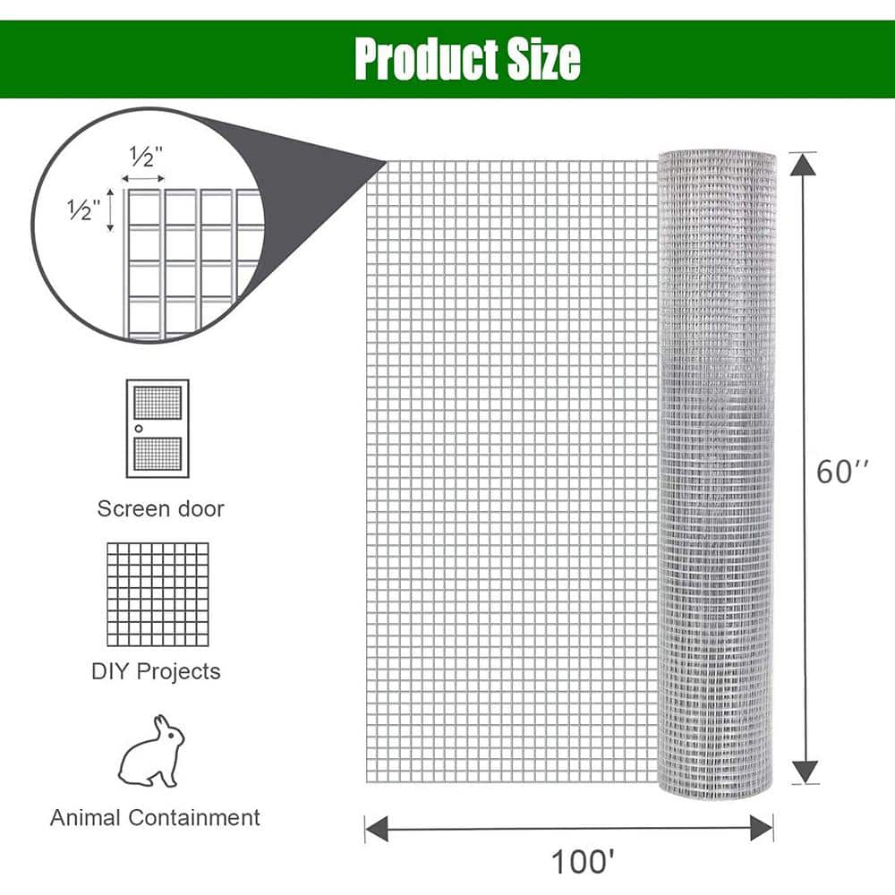 GOGEXX 1/2 in. x 5 ft. x 100 ft. Hardware Cloth 19-Gauge metal Wire Mesh Fence Chicken and Rabbit Cage Garden and Plant Support (2)