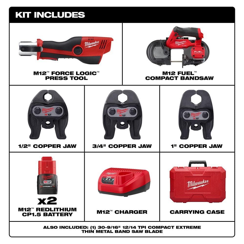 Milwaukee Copper M12 12-Volt Lithium-Ion Force Logic Cordless Press Tool Kit with M12 FUEL Bandsaw (2-Tool) (2)