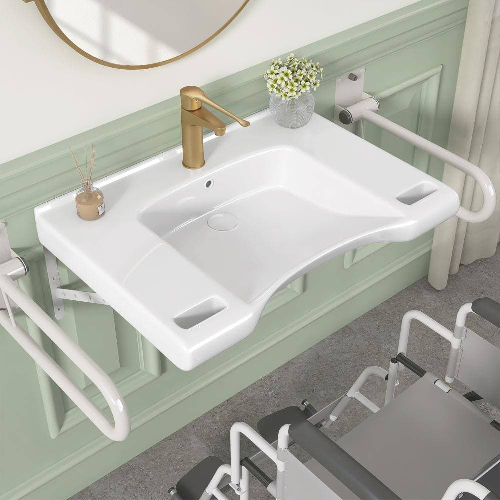 NTQ ADA 29.5 in. x 20.5 x 6.1 in. Rectangular ADA Ceramic Wall Mount Vessel Sink Wall Hung with Center Faucet Hole in White (1)