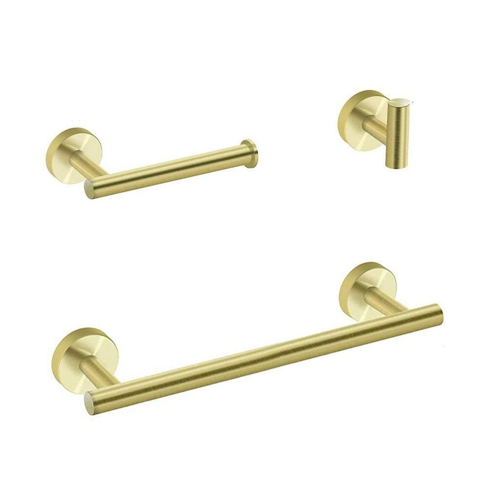 Unbranded 3-Piece Bath Hardware Set with Mounting Hardware in Brushed Gold, Toilet Paper Holder, Robe Towel Hooks