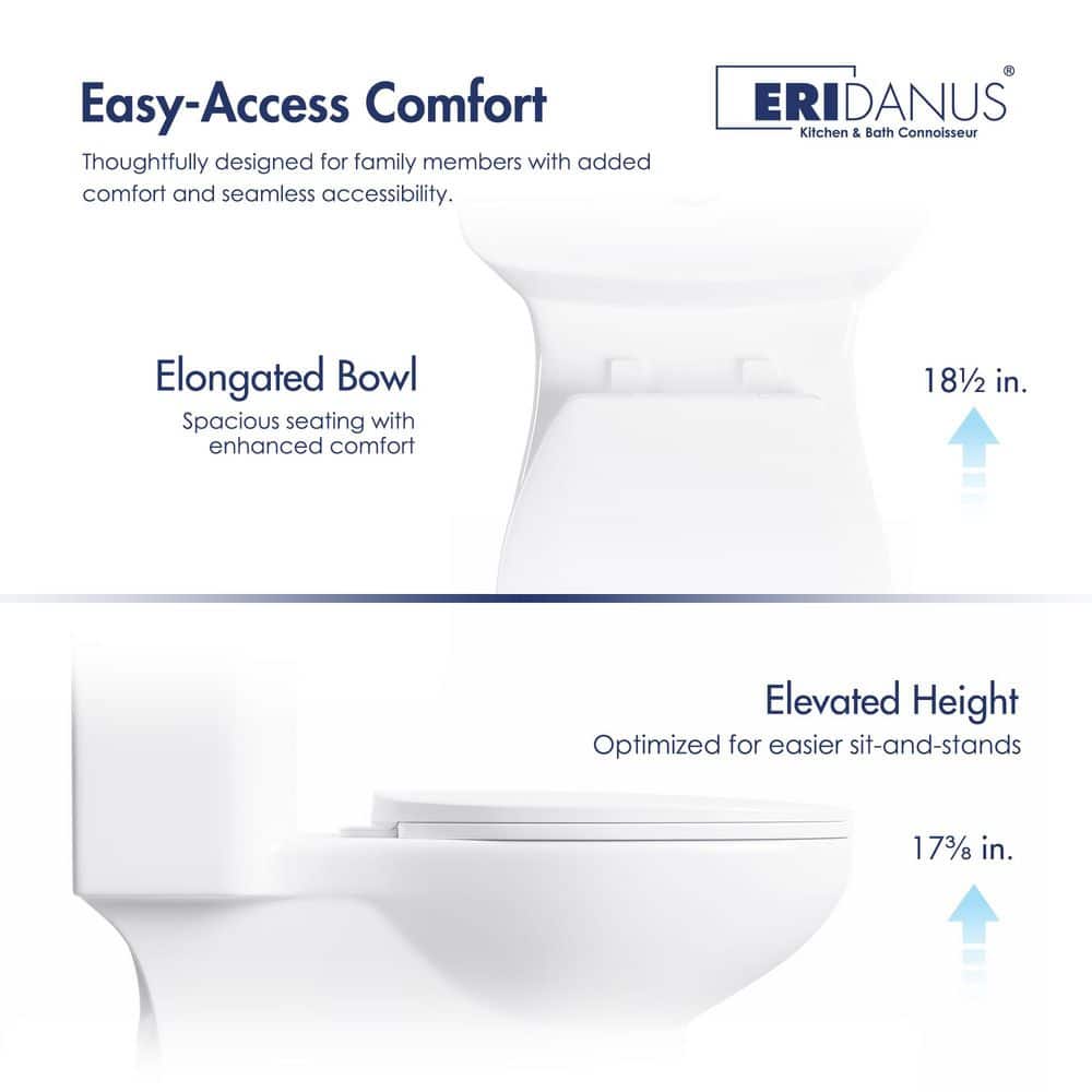 Eridanus Dublin 1-Piece Toilet 1.1/1.6 GPF Dual Flush Elongated Chair Height in White, 12 in. Rough-In (2)