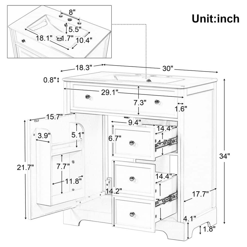 Unbranded New White 30 in. Wood+Ceramic Undermount Bathroom Sink with Freestanding Bathroom Vanity, 1-Door, 2-Drawers and Shelves (2)