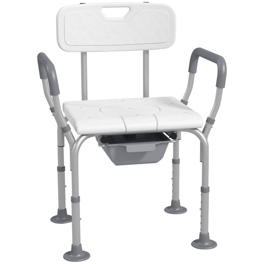 Siavonce 3-in-1 Shower Chair with Back and Arms, Height Adjustable Bedside Commode with Non-Slip Rubber Foot Pad, White