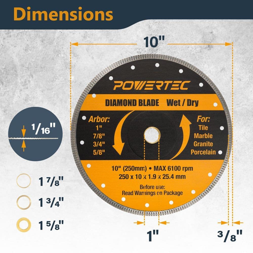 ‎POWERTEC 10 in. Super Thin Diamond Blade for Wet/Dry Cutting, Turbo Mesh Tile Cutting Disc (3)