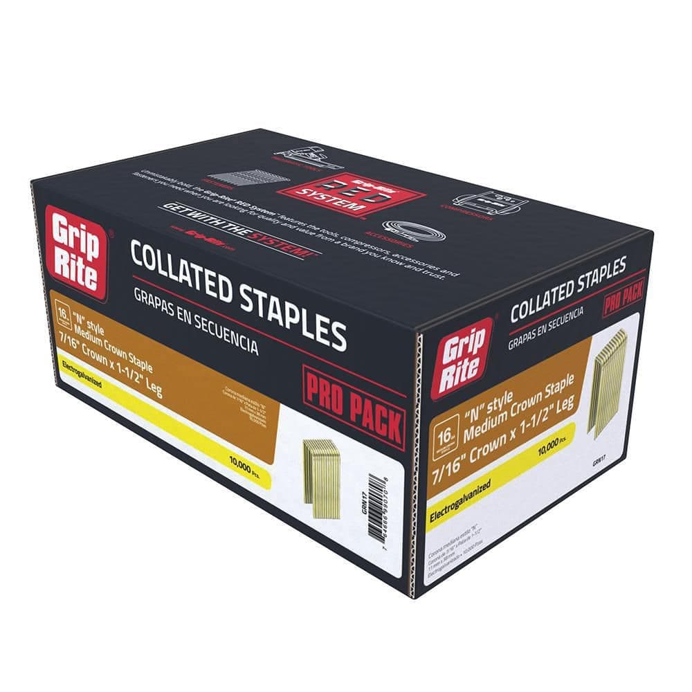 Grip-Rite 7/16 in. x 1-1/2 in. 16-Gauge Electrogalvanized N-Style Medium Crown Staples 10000 per Box (2)